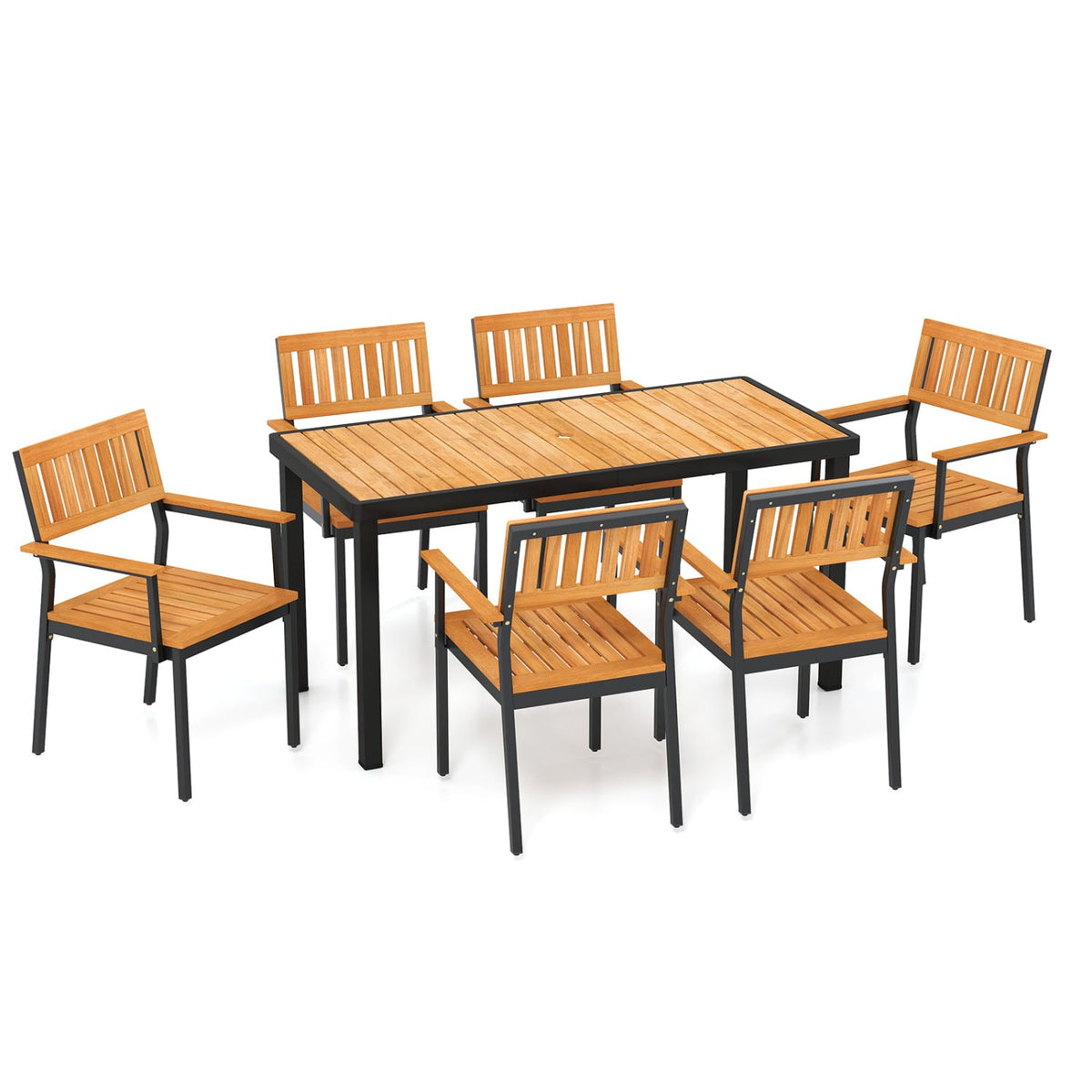 7-Piece Outdoor Dining Set for 6 with Acacia Table & Armchairs and Umbrella Hole-Patio Dining Sets-DECOROLALA
