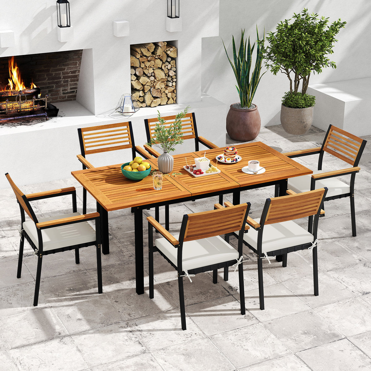 7-Piece Patio Dining Set Wood Metal with Seat Cushions and Umbrella Hole-White-Patio Dining Sets-DECOROLALA