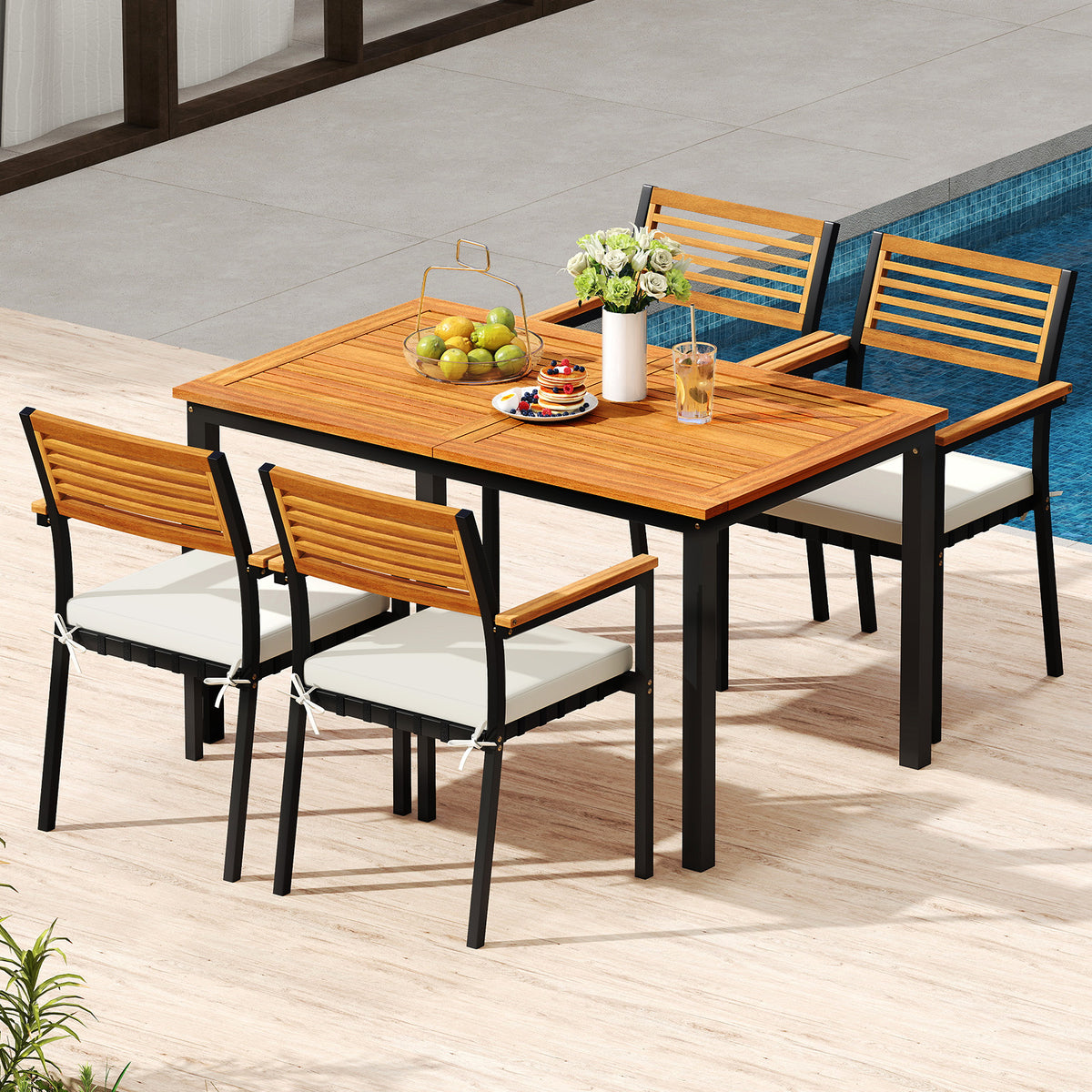7-Piece Patio Dining Set Wood Metal with Seat Cushions and Umbrella Hole-White-Patio Dining Sets-DECOROLALA