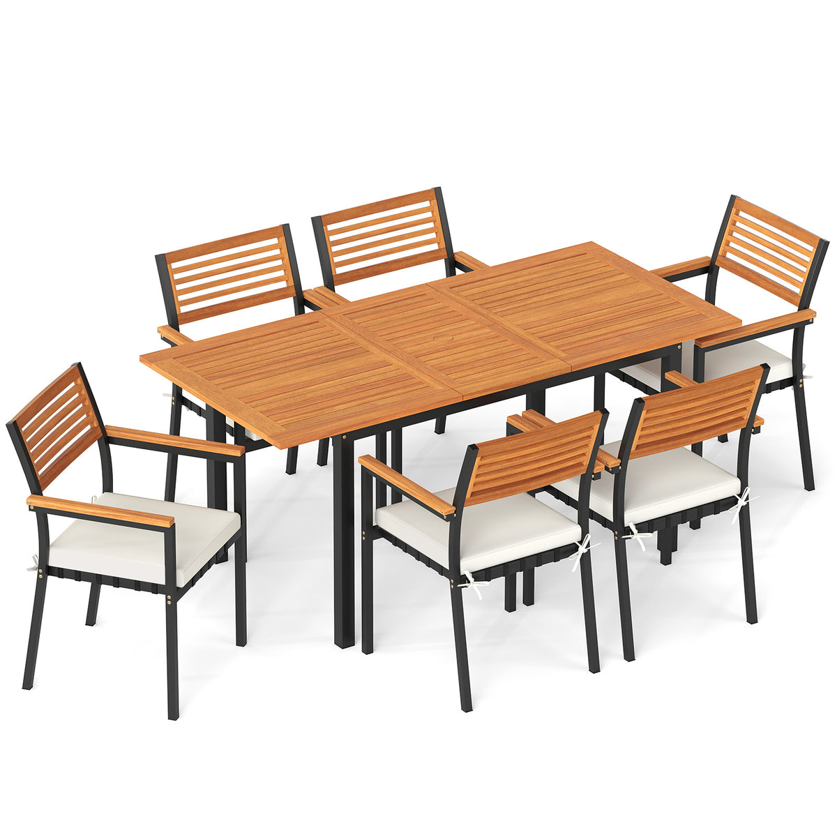 7-Piece Patio Dining Set Wood Metal with Seat Cushions and Umbrella Hole-White-Patio Dining Sets-DECOROLALA