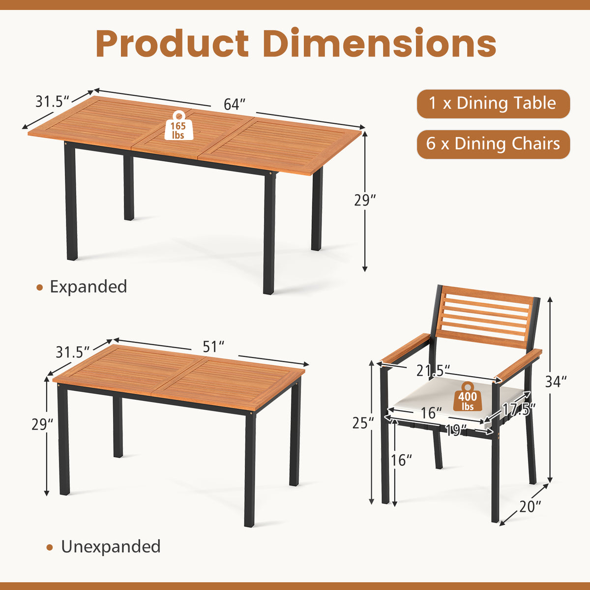 7-Piece Patio Dining Set Wood Metal with Seat Cushions and Umbrella Hole-White-Patio Dining Sets-DECOROLALA