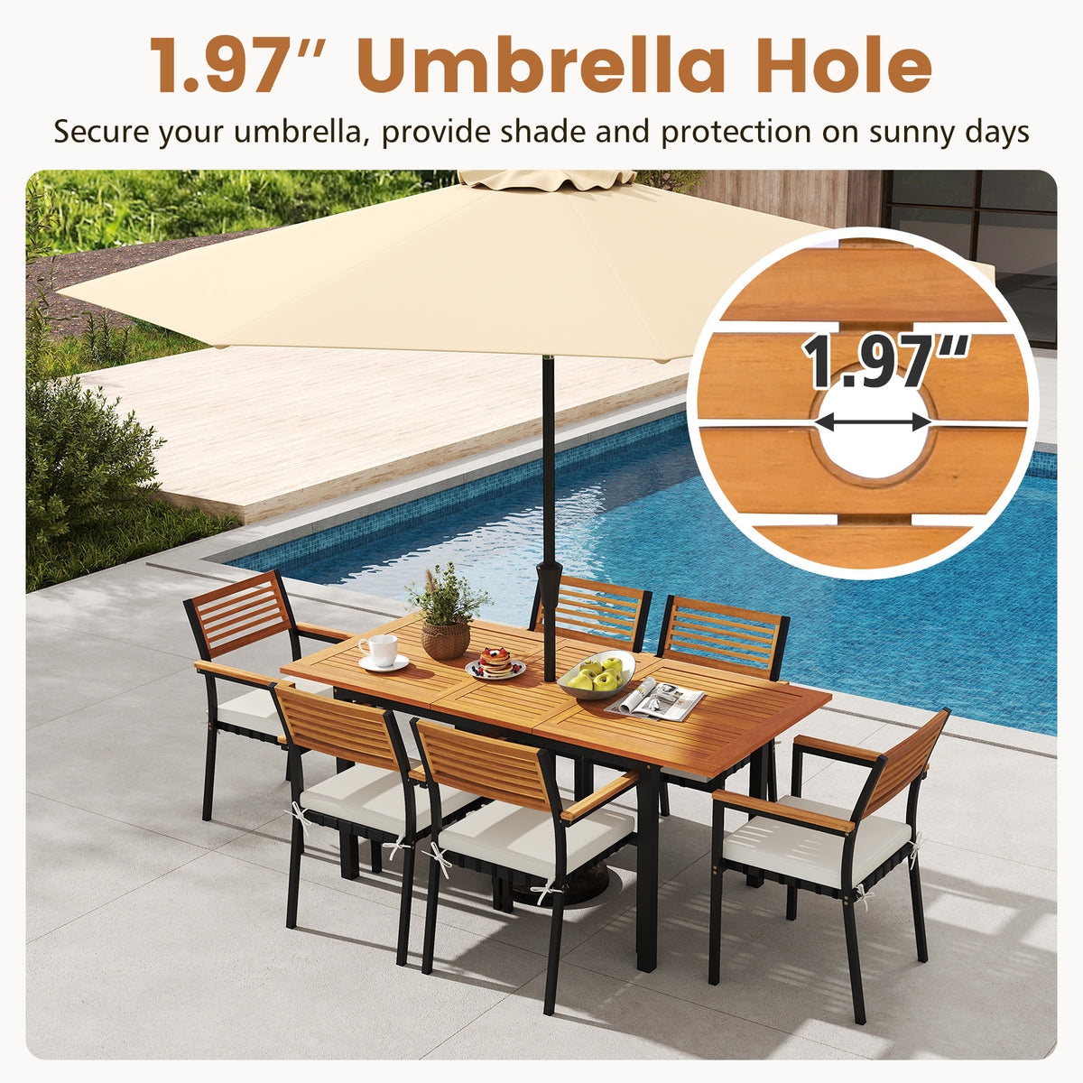 7-Piece Patio Dining Set Wood Metal with Seat Cushions and Umbrella Hole-White-Patio Dining Sets-DECOROLALA