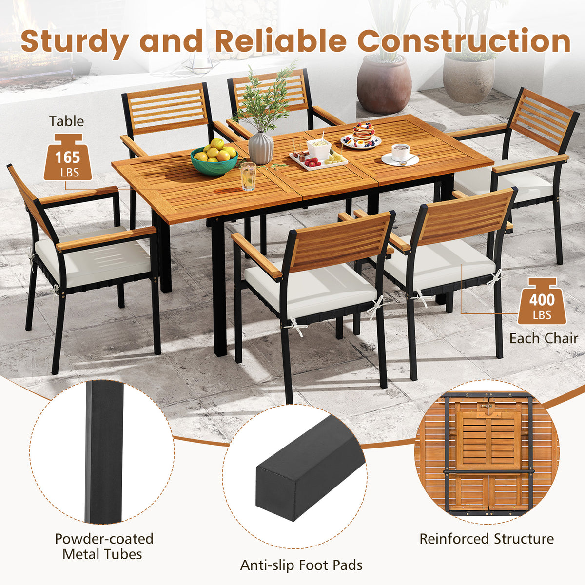 7-Piece Patio Dining Set Wood Metal with Seat Cushions and Umbrella Hole-White-Patio Dining Sets-DECOROLALA