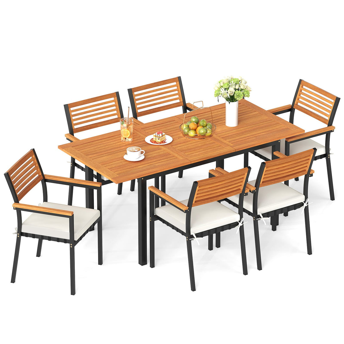 7-Piece Patio Dining Set Wood Metal with Seat Cushions and Umbrella Hole-White-Patio Dining Sets-DECOROLALA