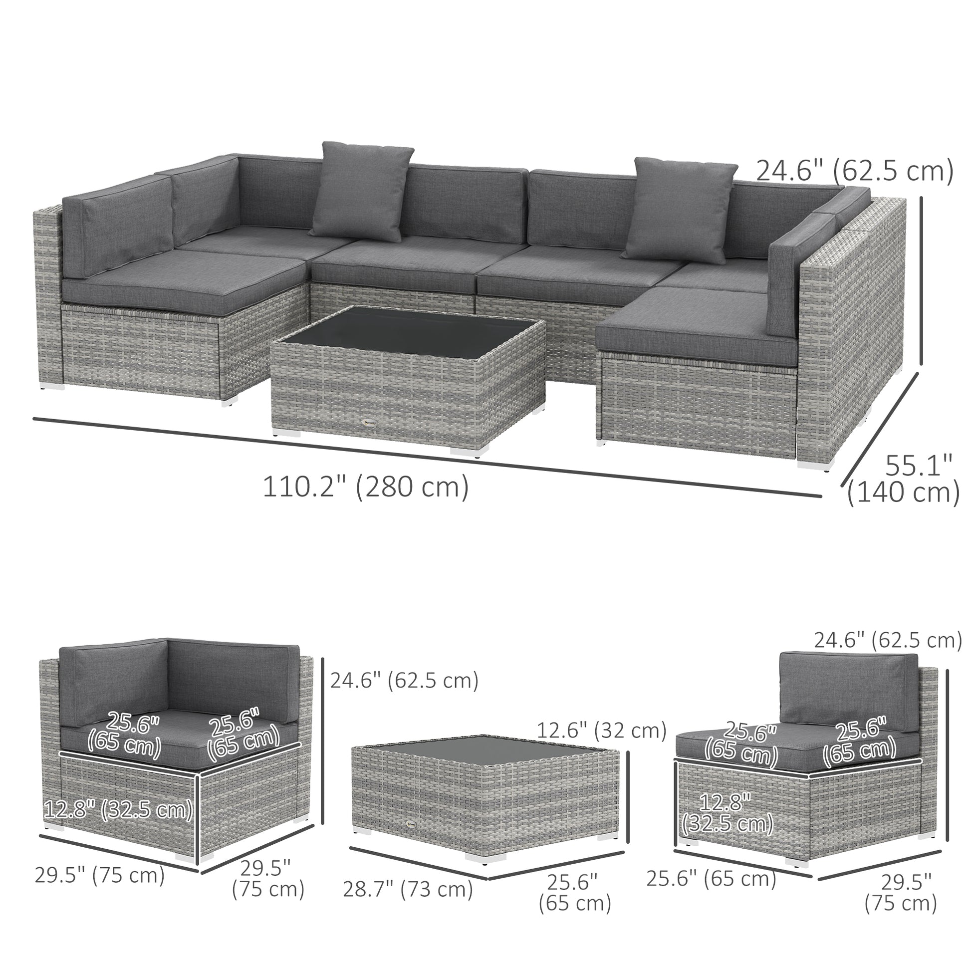7-Piece Patio Furniture Set Rattan Grey-DECOROLALA