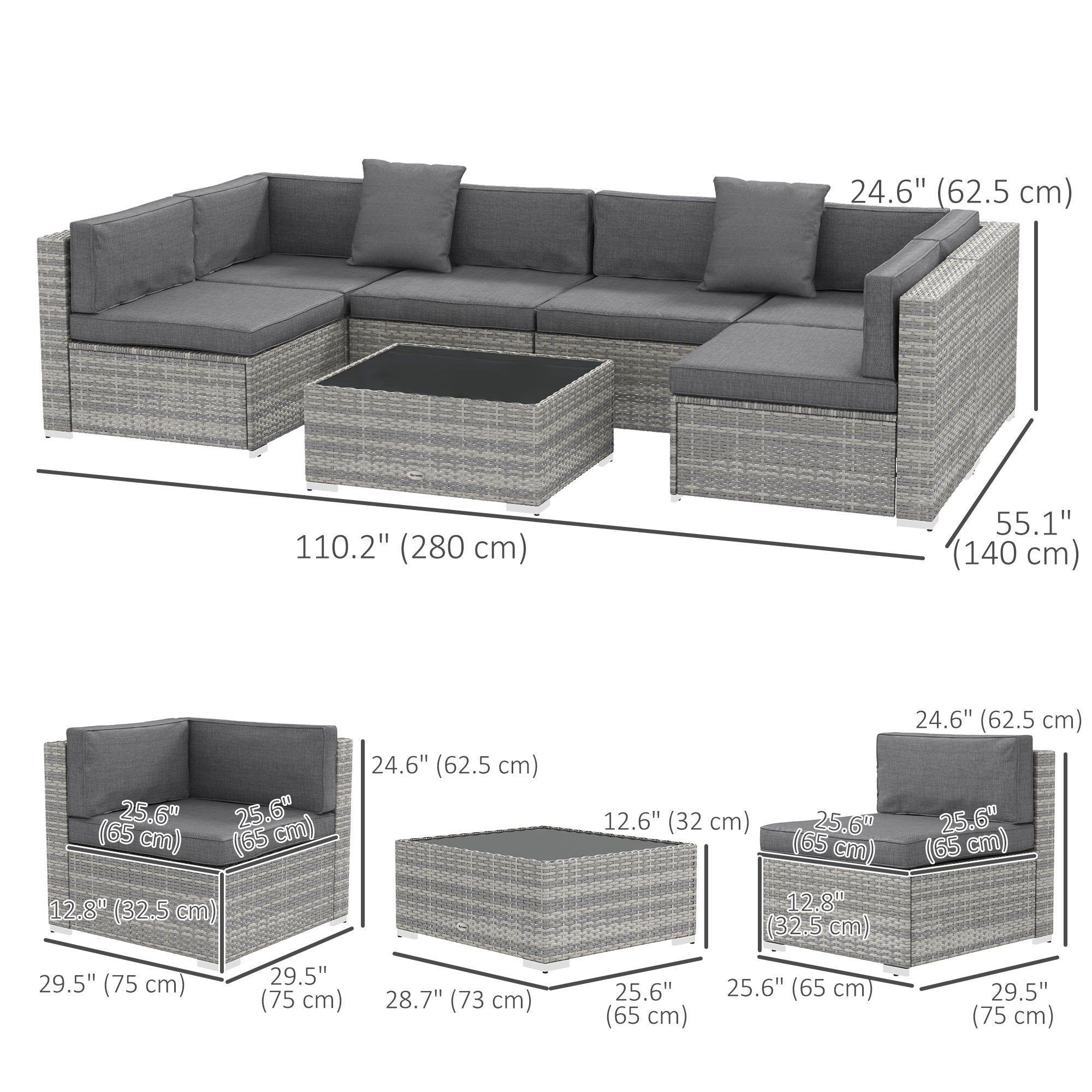 7-Piece Patio Furniture Set Rattan Grey-DECOROLALA