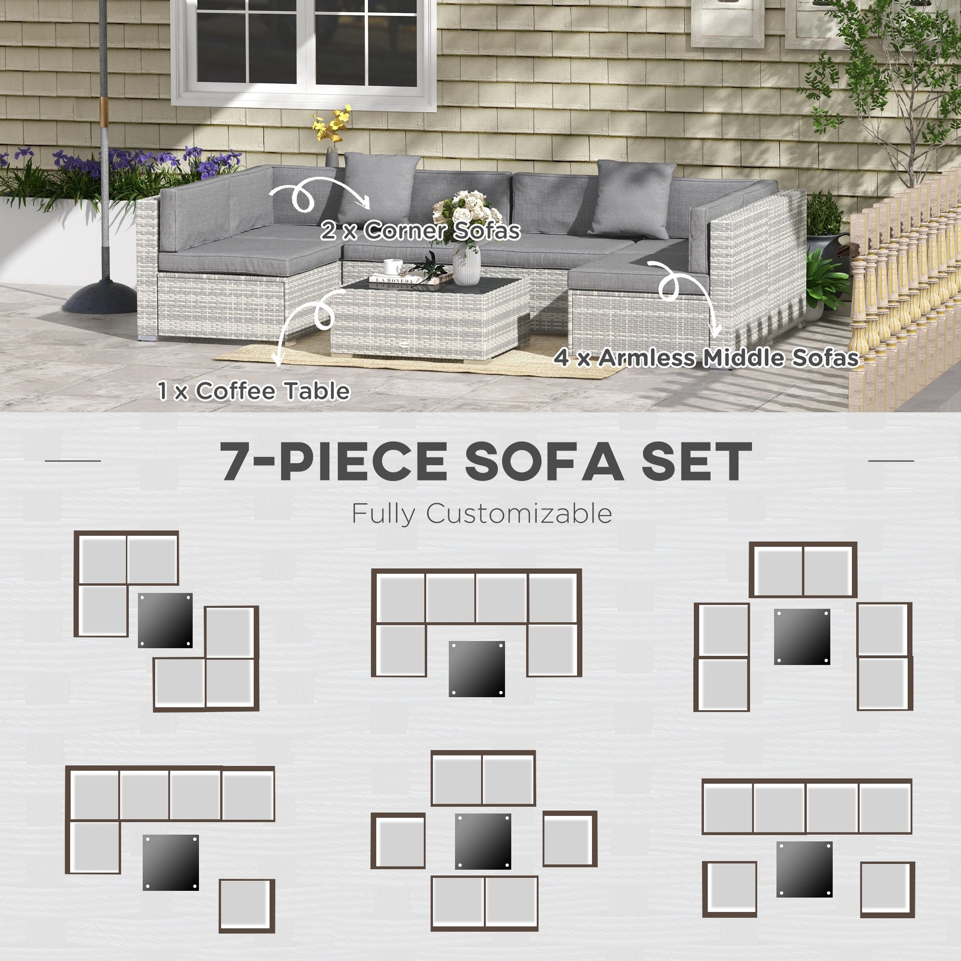 7-Piece Patio Furniture Set Rattan Grey-DECOROLALA