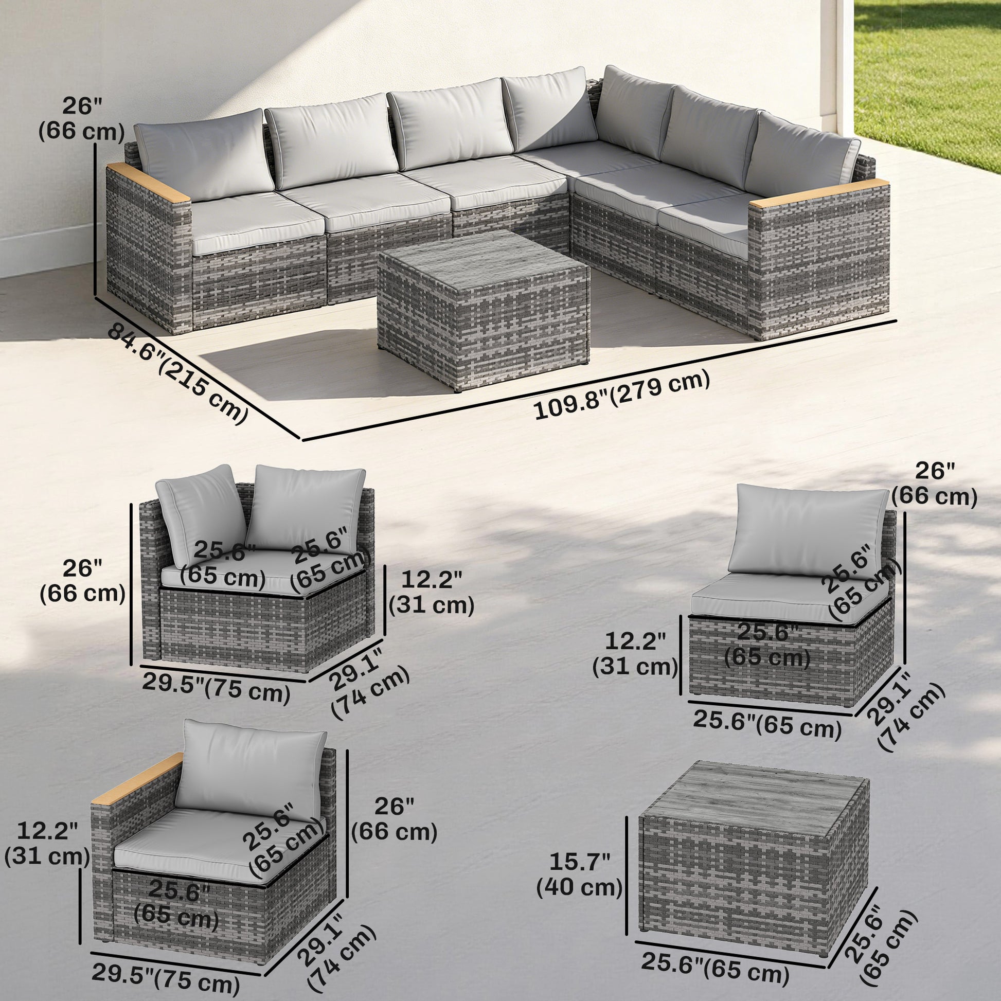 7 Piece Patio Sectional Set - Light Grey Wicker-DECOROLALA