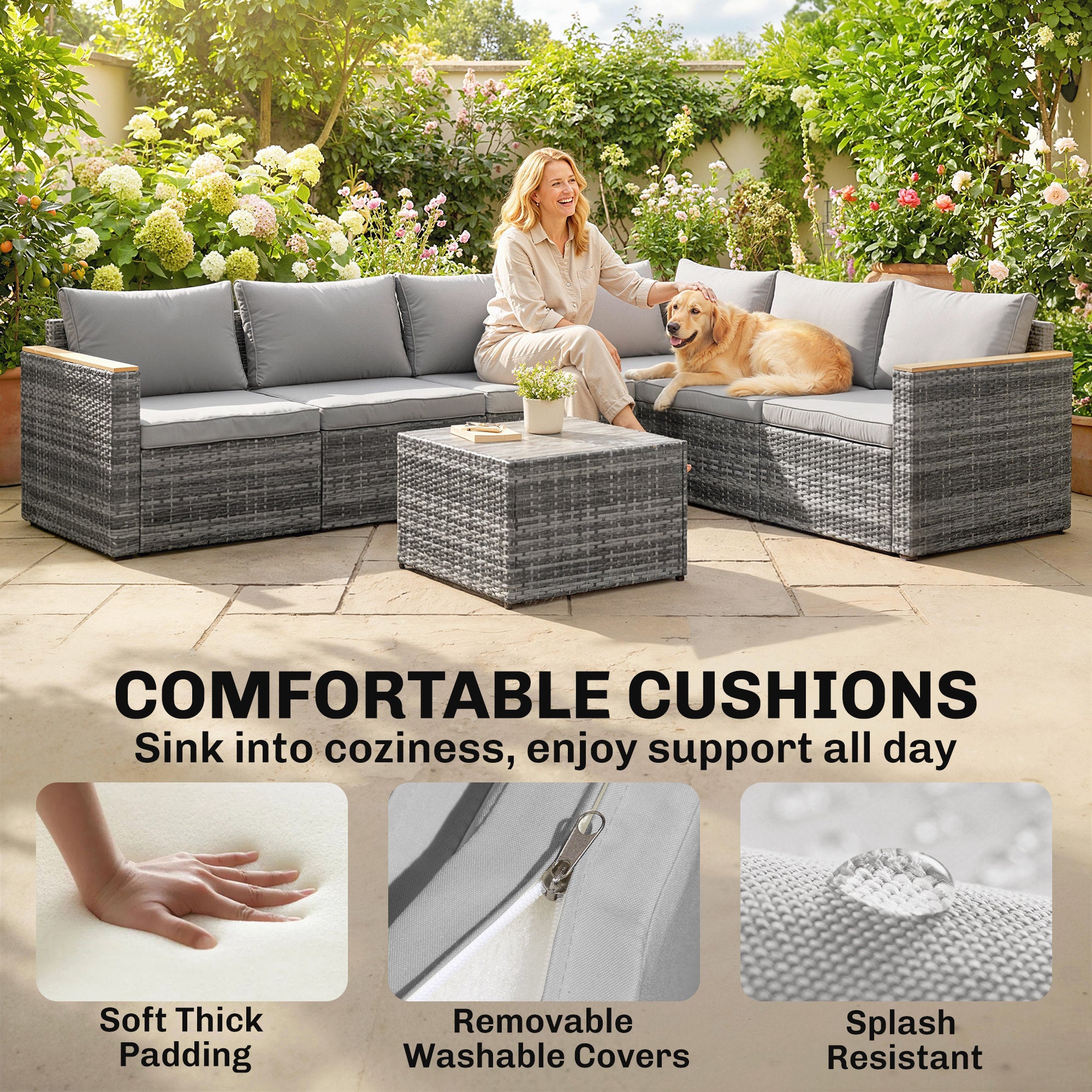 7 Piece Patio Sectional Set - Light Grey Wicker-DECOROLALA