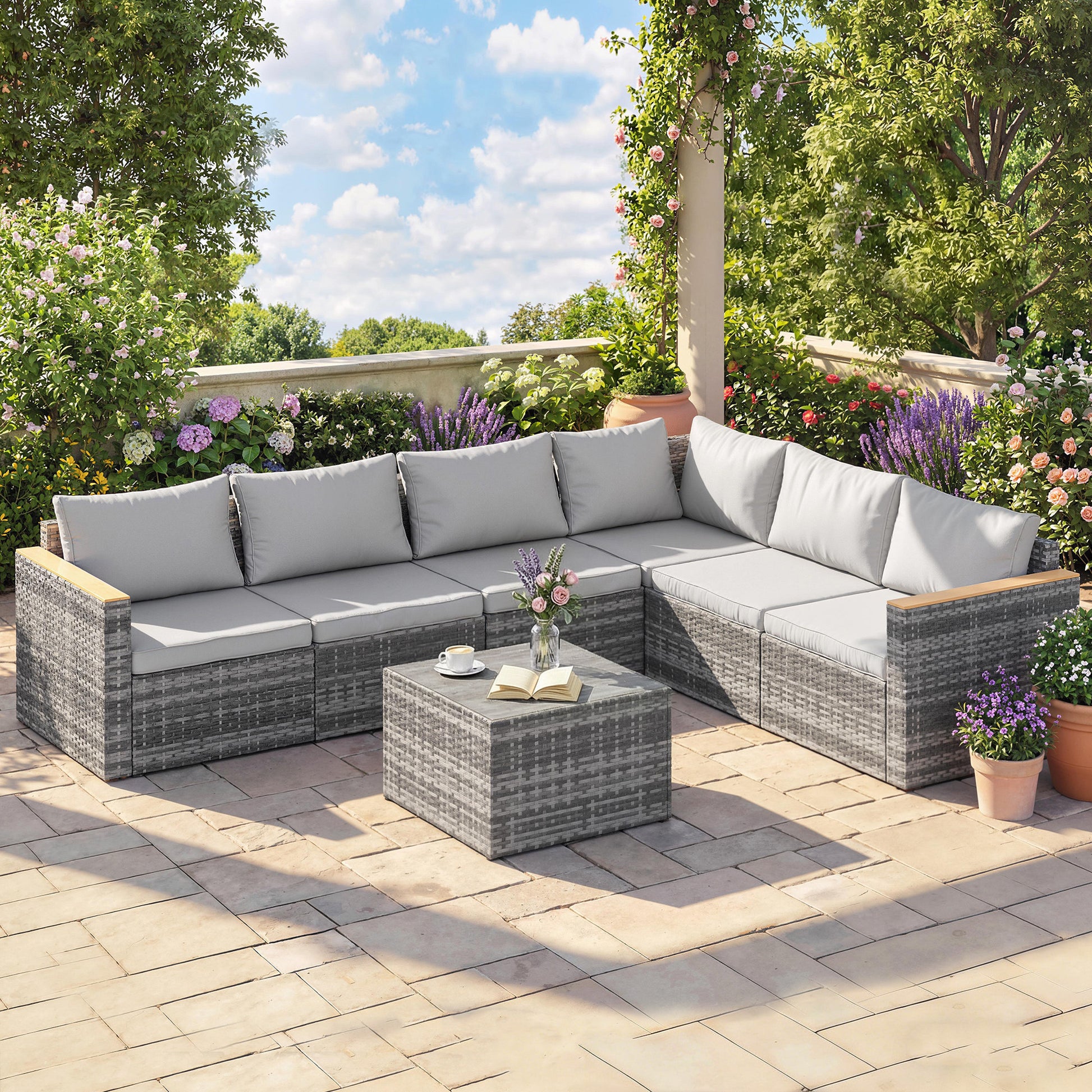 7 Piece Patio Sectional Set - Light Grey Wicker-DECOROLALA