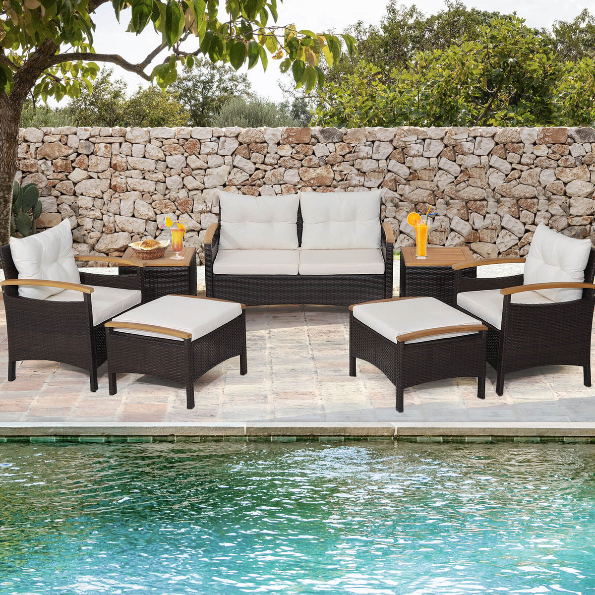 7 Piece Rattan Patio Sofa Set with Acacia Wood Tabletop and Armrests-Patio Conversation Sets-DECOROLALA