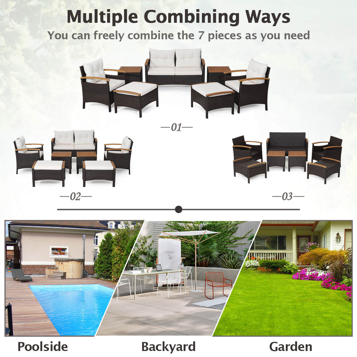 7 Piece Rattan Patio Sofa Set with Acacia Wood Tabletop and Armrests-Patio Conversation Sets-DECOROLALA