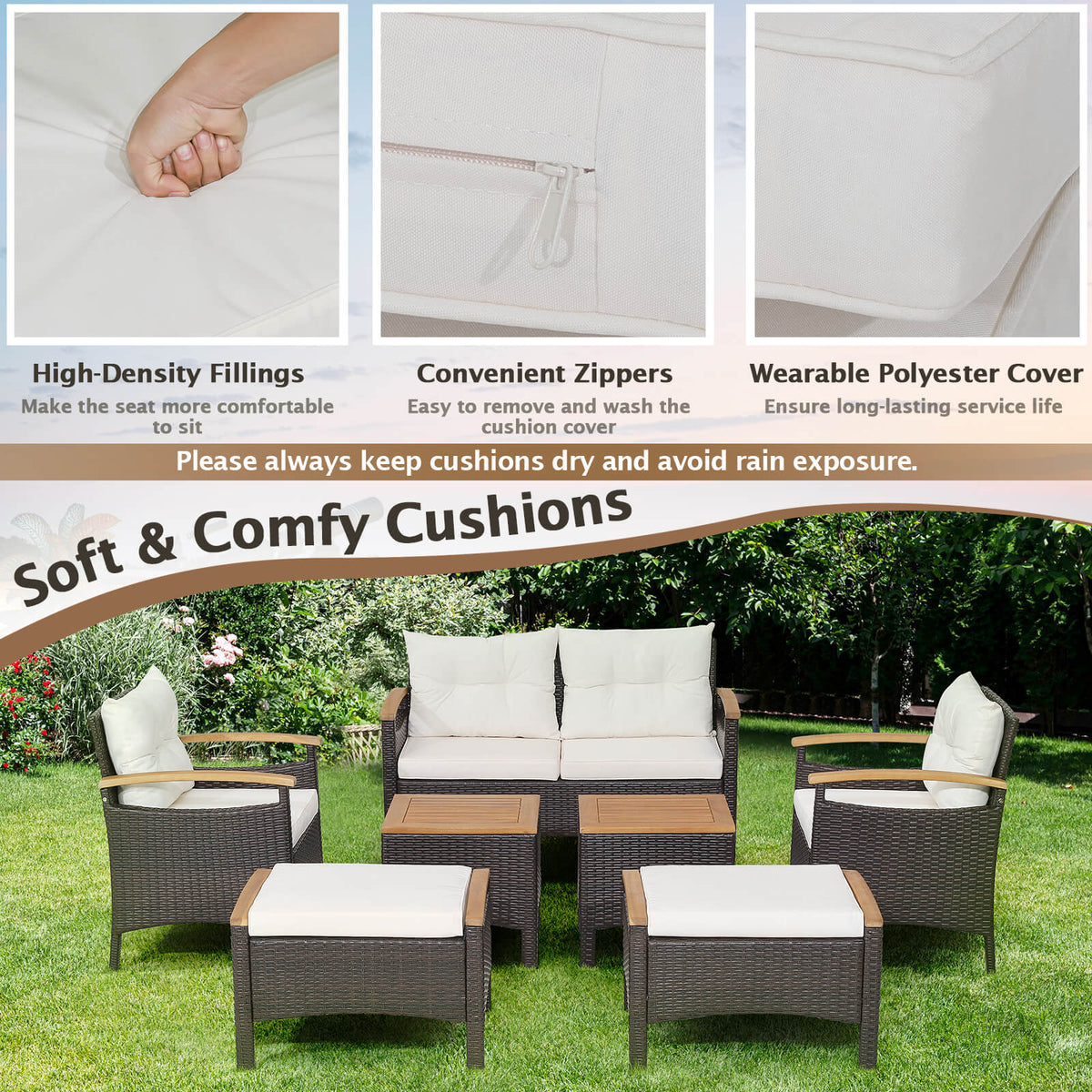 7 Piece Rattan Patio Sofa Set with Acacia Wood Tabletop and Armrests-Patio Conversation Sets-DECOROLALA