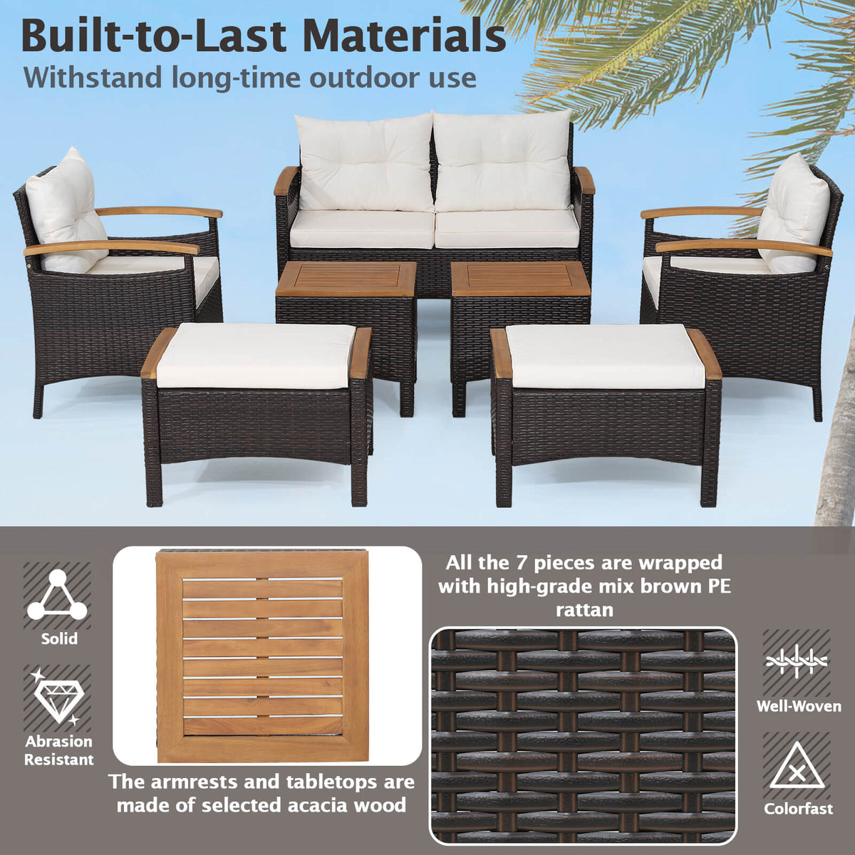 7 Piece Rattan Patio Sofa Set with Acacia Wood Tabletop and Armrests-Patio Conversation Sets-DECOROLALA