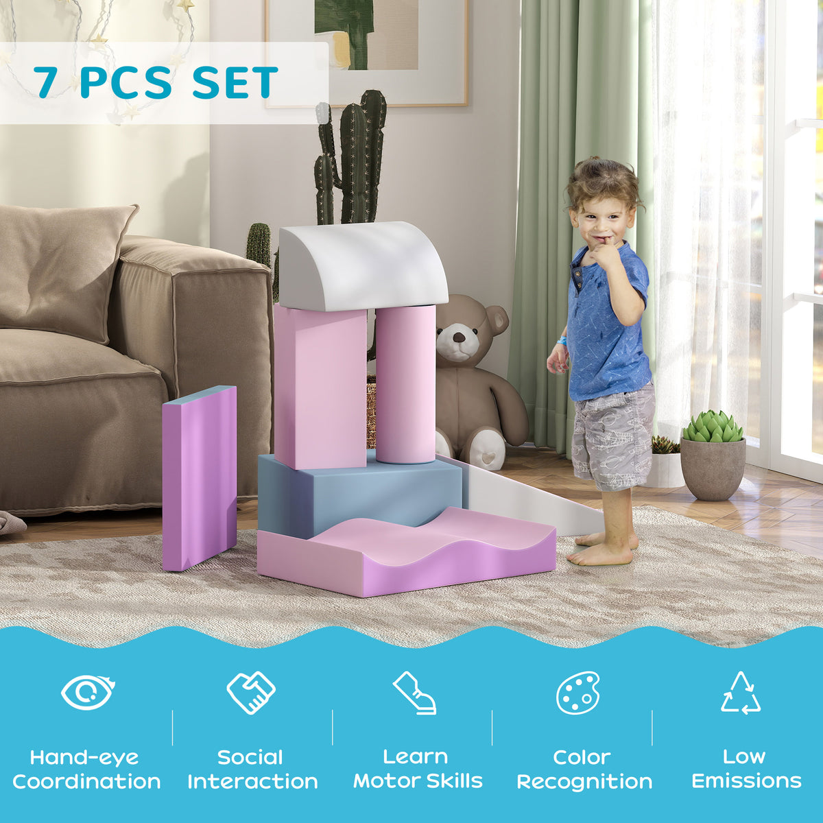 7 Pieces Soft Play Foam Climbing Blocks, Indoor Modular Kids Play Toys for Climbing, Crawling, Sliding, Light Colour-Toys & Games > Baby & Toddler Toys > Kids Gym & Playmats-DECOROLALA