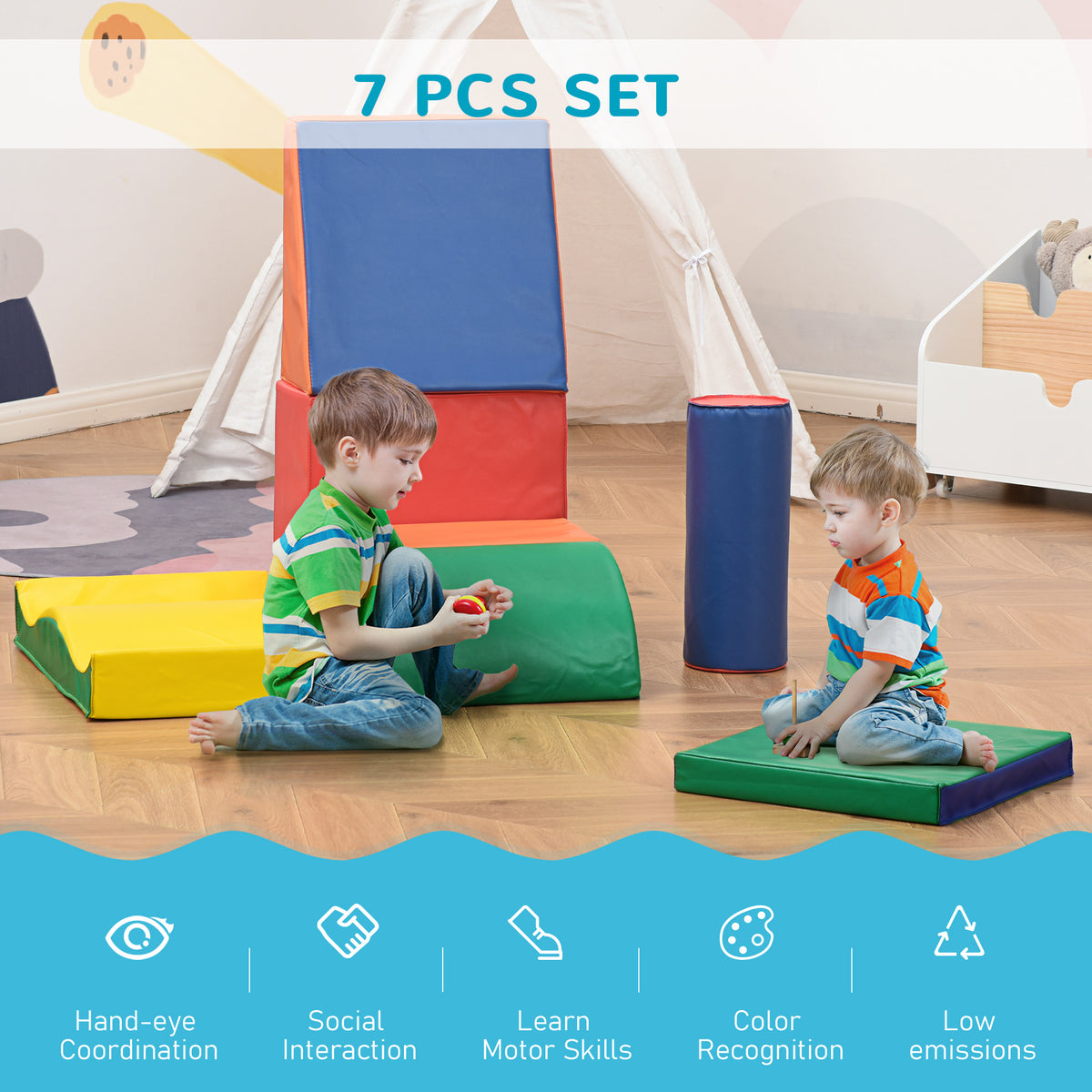7 Pieces Soft Play Foam Climbing Blocks, Indoor Modular Kids Play Toys for Climbing, Crawling, Sliding, Multicolour-Toys & Games > Baby & Toddler Toys > Kids Gym & Playmats-DECOROLALA