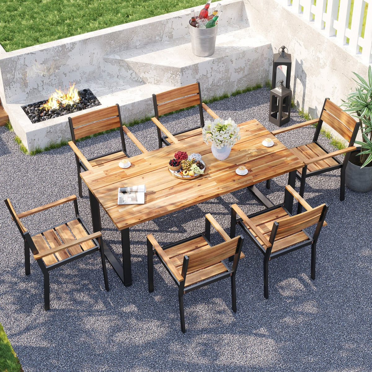 7 Pieces Acacia Wood Patio Dining Set with Metal Frame and 2 Inches Umbrella Hole-Patio Dining Sets-DECOROLALA