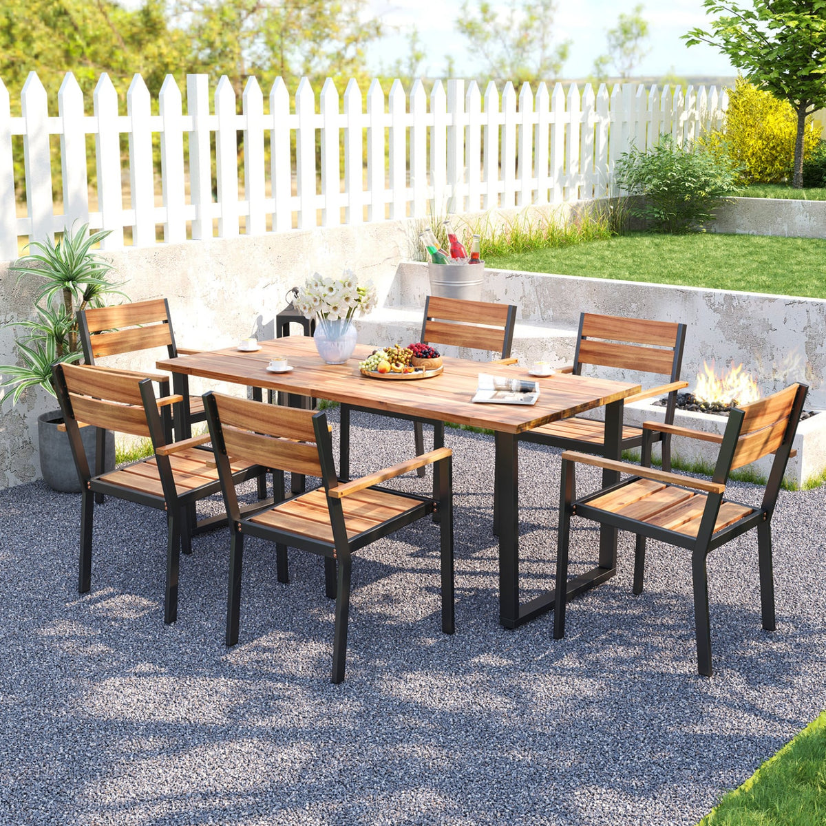 7 Pieces Acacia Wood Patio Dining Set with Metal Frame and 2 Inches Umbrella Hole-Patio Dining Sets-DECOROLALA