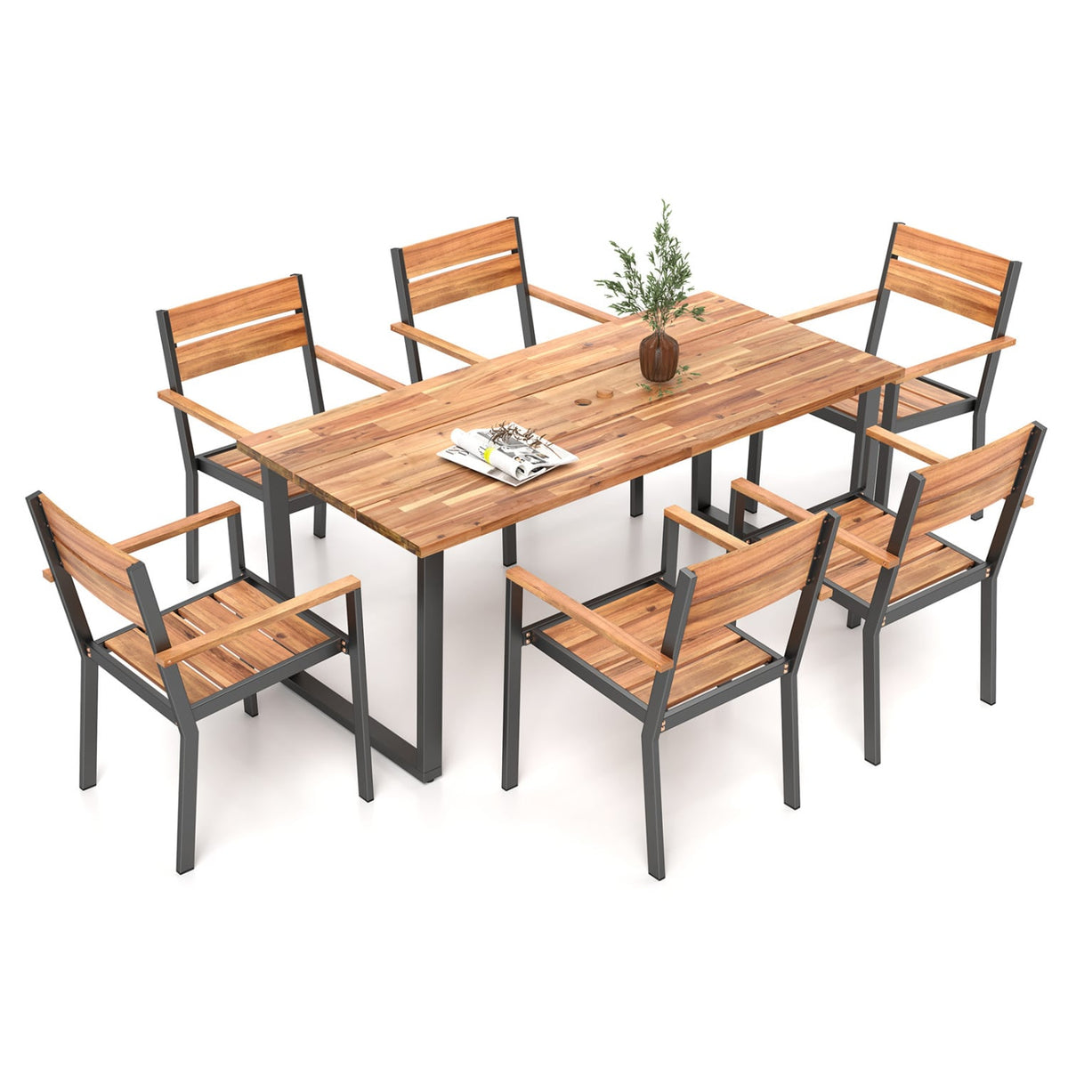 7 Pieces Acacia Wood Patio Dining Set with Metal Frame and 2 Inches Umbrella Hole-Patio Dining Sets-DECOROLALA