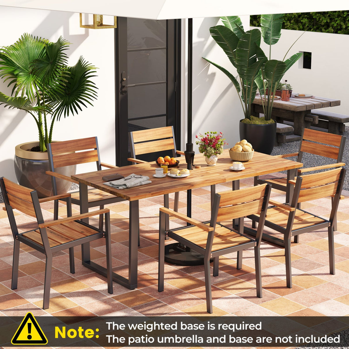 7 Pieces Acacia Wood Patio Dining Set with Metal Frame and 2 Inches Umbrella Hole-Patio Dining Sets-DECOROLALA