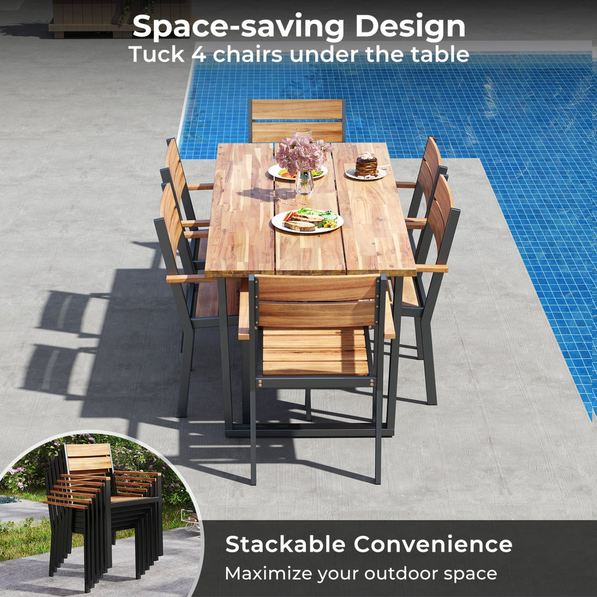 7 Pieces Acacia Wood Patio Dining Set with Metal Frame and 2 Inches Umbrella Hole-Patio Dining Sets-DECOROLALA
