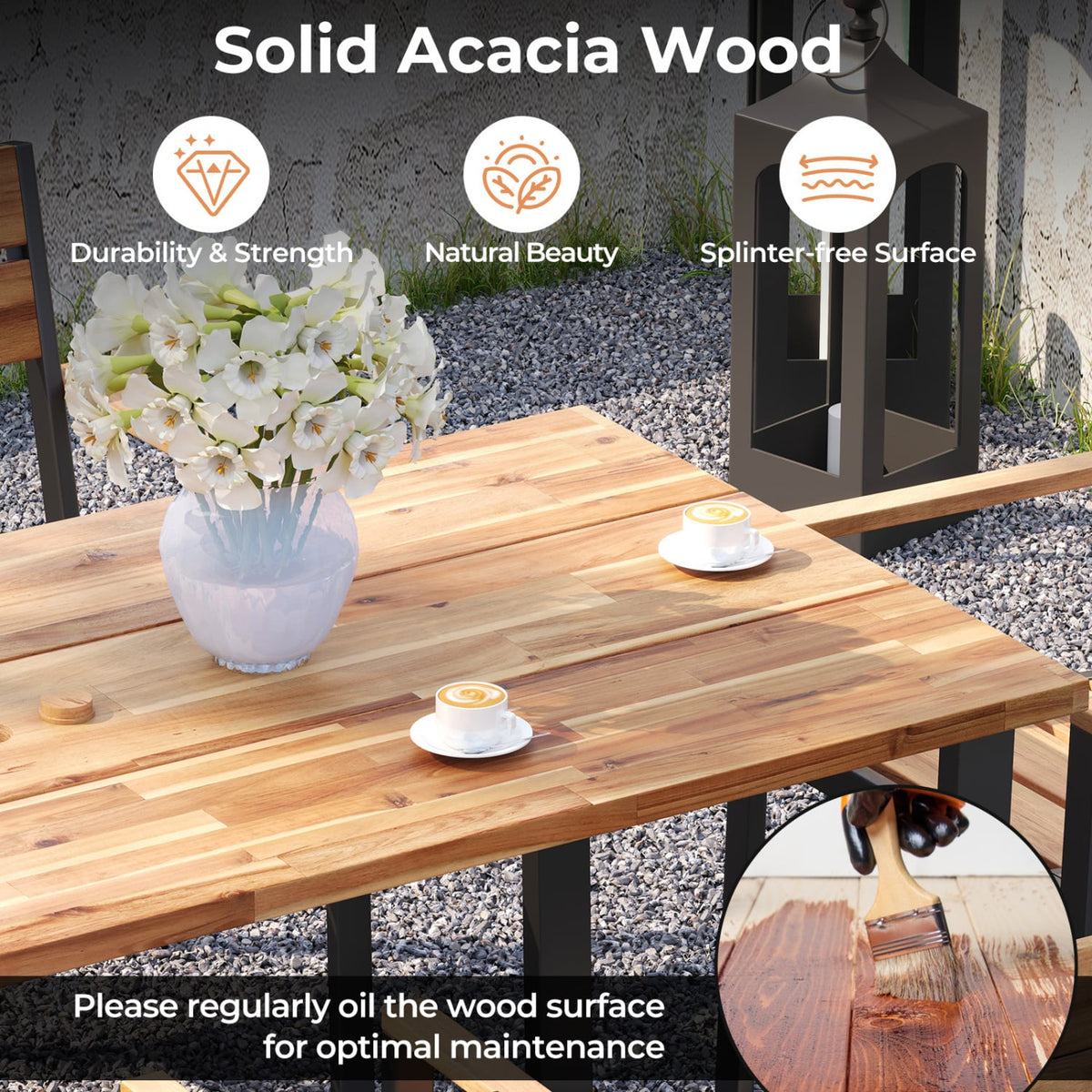 7 Pieces Acacia Wood Patio Dining Set with Metal Frame and 2 Inches Umbrella Hole-Patio Dining Sets-DECOROLALA