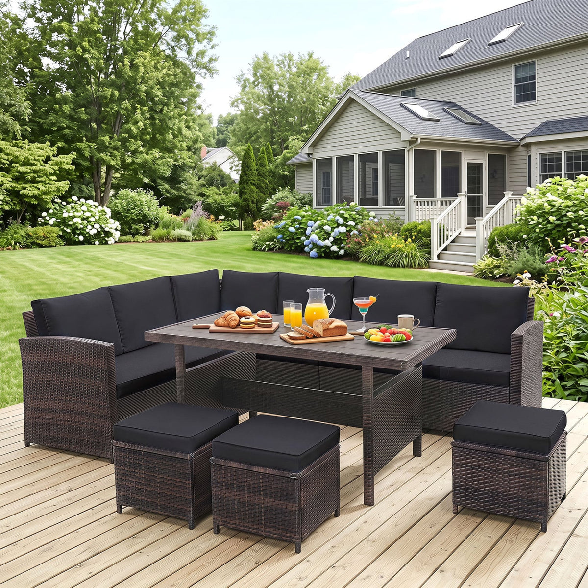 7 Pieces Hand-woven Cozy Wicker Patio Furniture Set-Black-Patio Furniture Sets-DECOROLALA