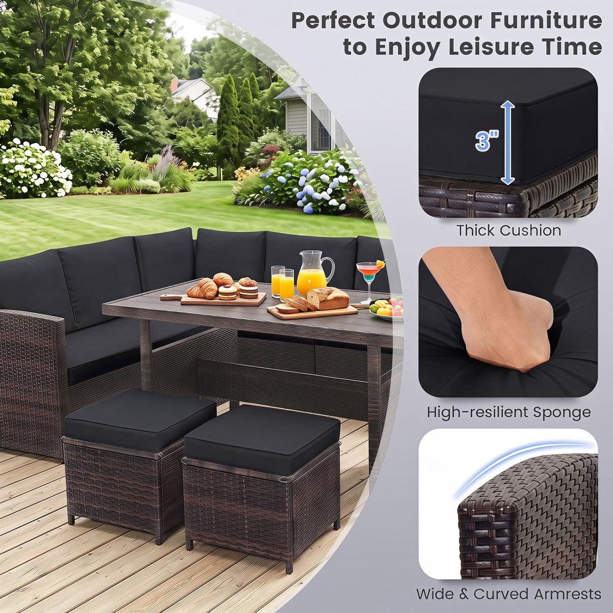 7 Pieces Hand-woven Cozy Wicker Patio Furniture Set-Black-Patio Furniture Sets-DECOROLALA