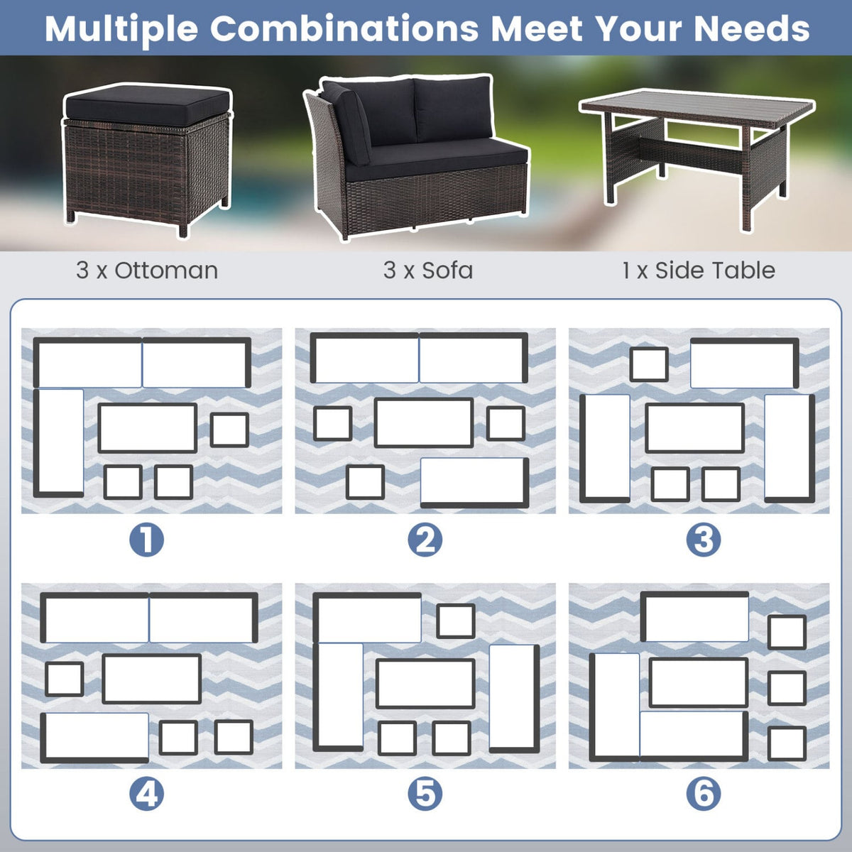 7 Pieces Hand-woven Cozy Wicker Patio Furniture Set-Black-Patio Furniture Sets-DECOROLALA