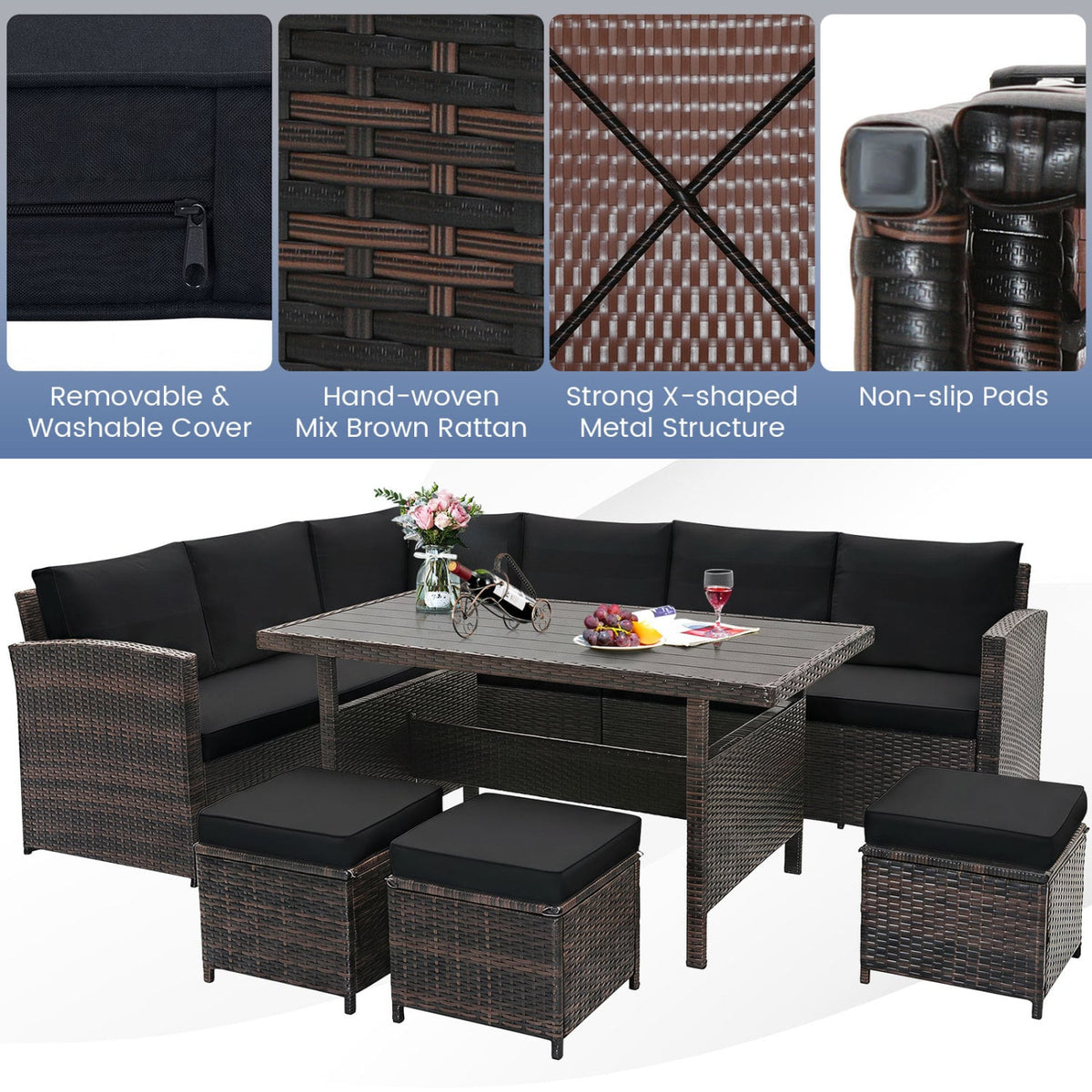 7 Pieces Hand-woven Cozy Wicker Patio Furniture Set-Black-Patio Furniture Sets-DECOROLALA