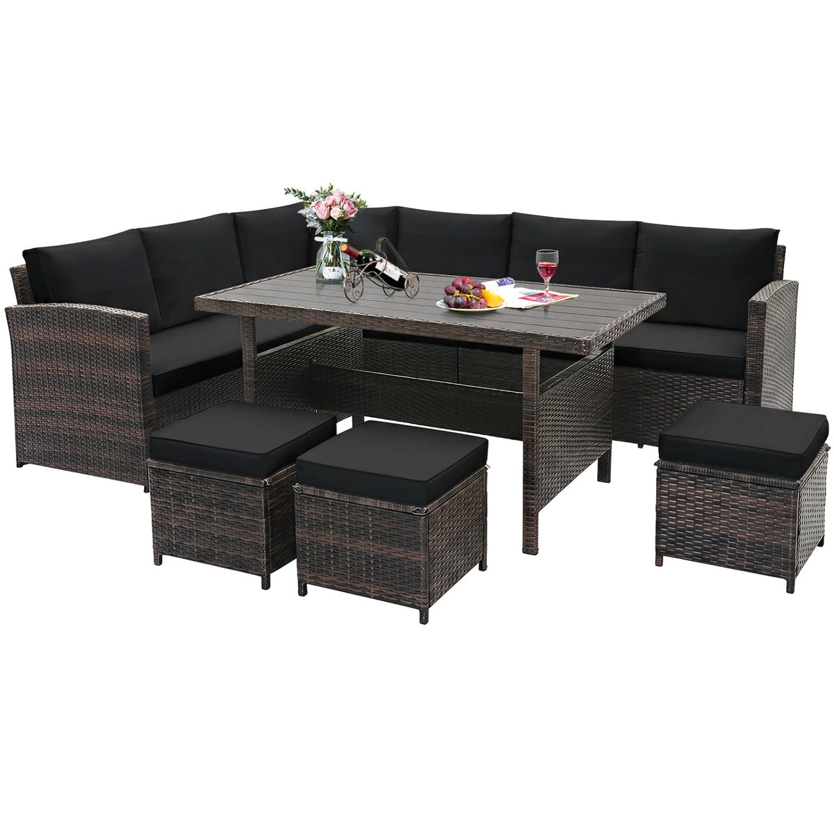 7 Pieces Hand-woven Cozy Wicker Patio Furniture Set-Black-Patio Furniture Sets-DECOROLALA