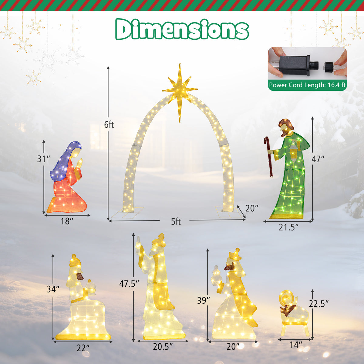 7 Pieces Lighted Nativity Scene with 310 Warm White LED Lights-Christmas Decorations & Accessories-DECOROLALA