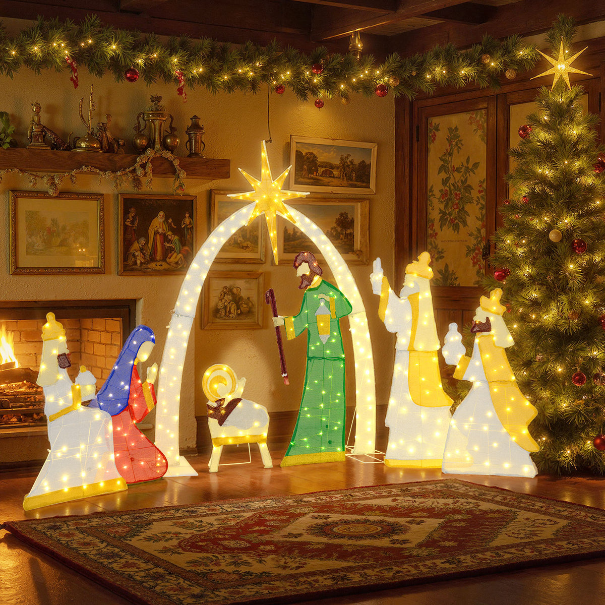 7 Pieces Lighted Nativity Scene with 310 Warm White LED Lights-Christmas Decorations & Accessories-DECOROLALA
