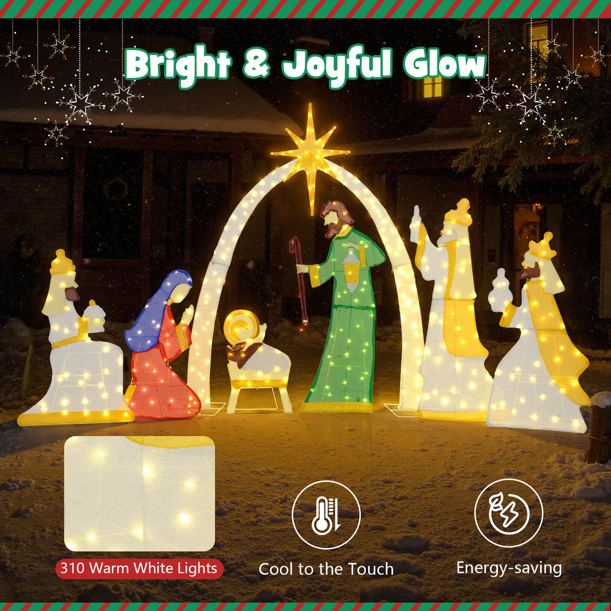 7 Pieces Lighted Nativity Scene with 310 Warm White LED Lights-Christmas Decorations & Accessories-DECOROLALA