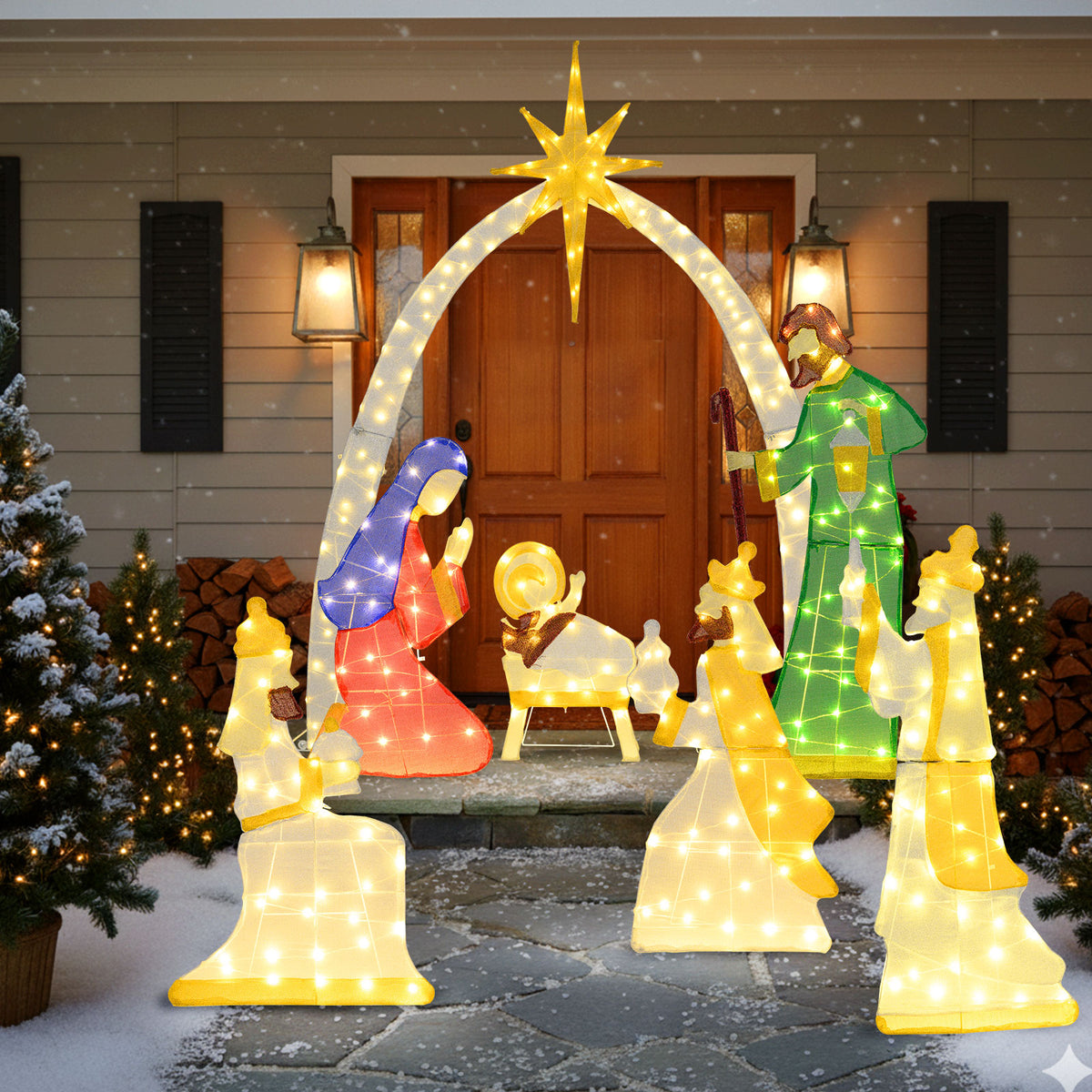 7 Pieces Lighted Nativity Scene with 310 Warm White LED Lights-Christmas Decorations & Accessories-DECOROLALA