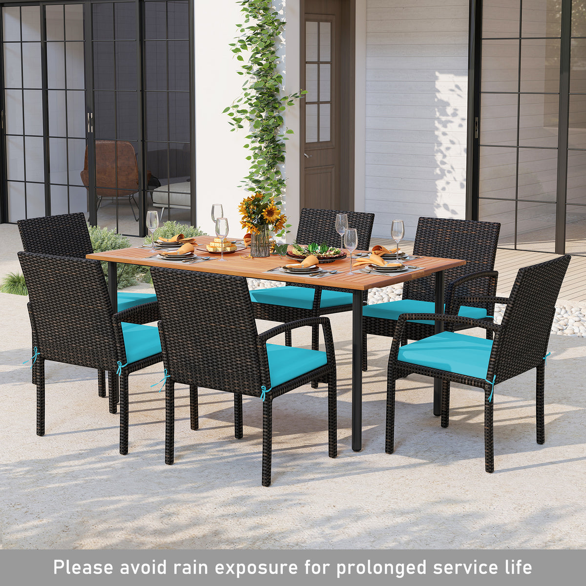 7 Pieces Outdoor Dining Set Acacia Wood Table with Umbrella Hole and Cushions-Turquoise-Patio Dining Sets-DECOROLALA