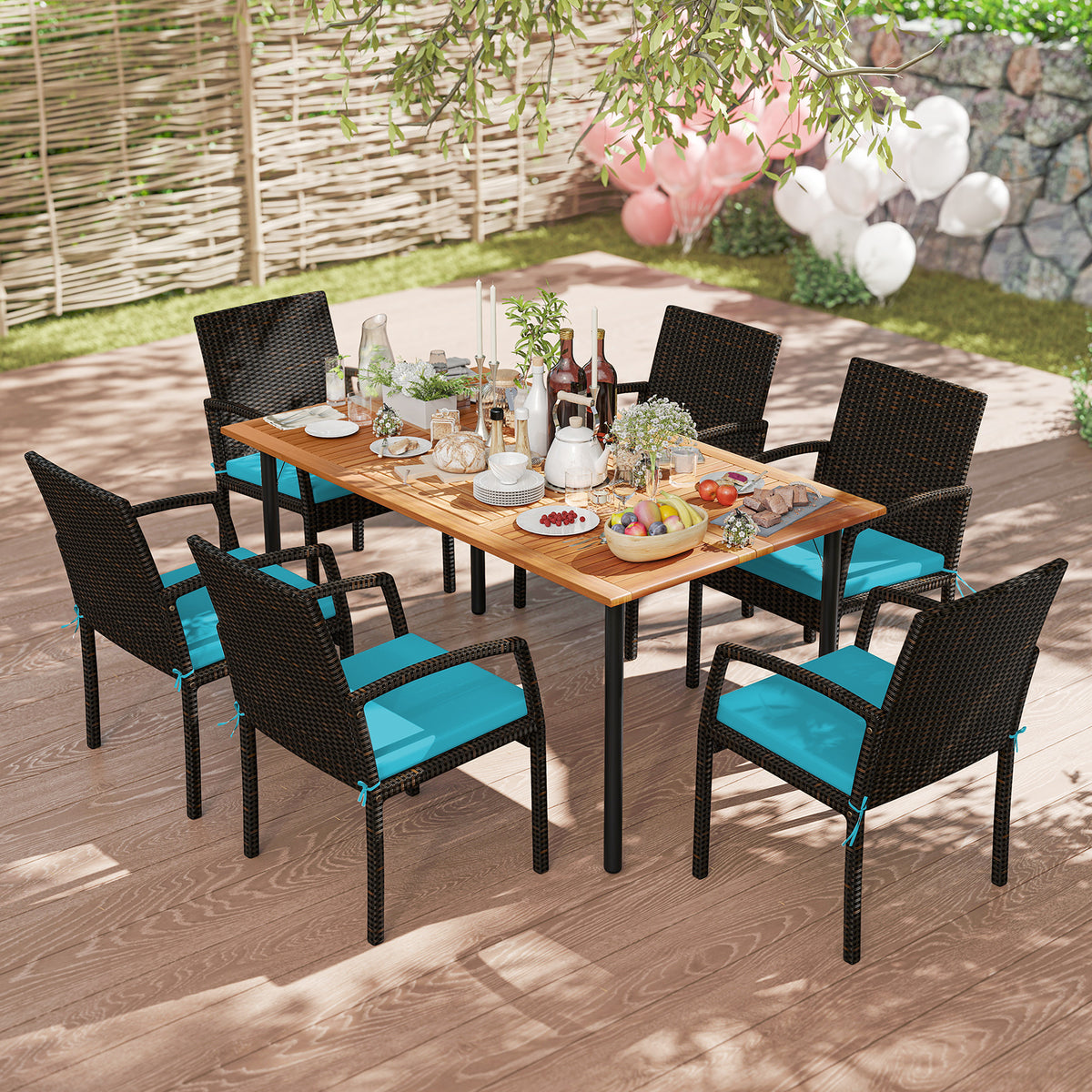 7 Pieces Outdoor Dining Set Acacia Wood Table with Umbrella Hole and Cushions-Turquoise-Patio Dining Sets-DECOROLALA