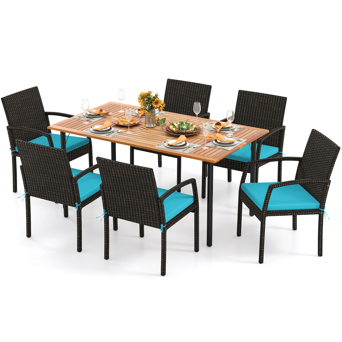 7 Pieces Outdoor Dining Set Acacia Wood Table with Umbrella Hole and Cushions-Turquoise-Patio Dining Sets-DECOROLALA