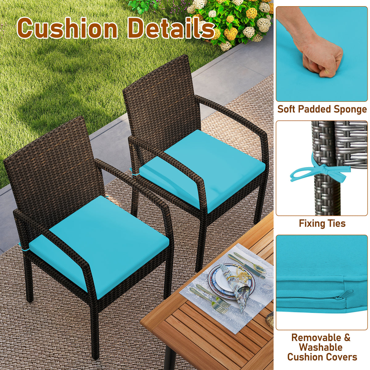 7 Pieces Outdoor Dining Set Acacia Wood Table with Umbrella Hole and Cushions-Turquoise-Patio Dining Sets-DECOROLALA
