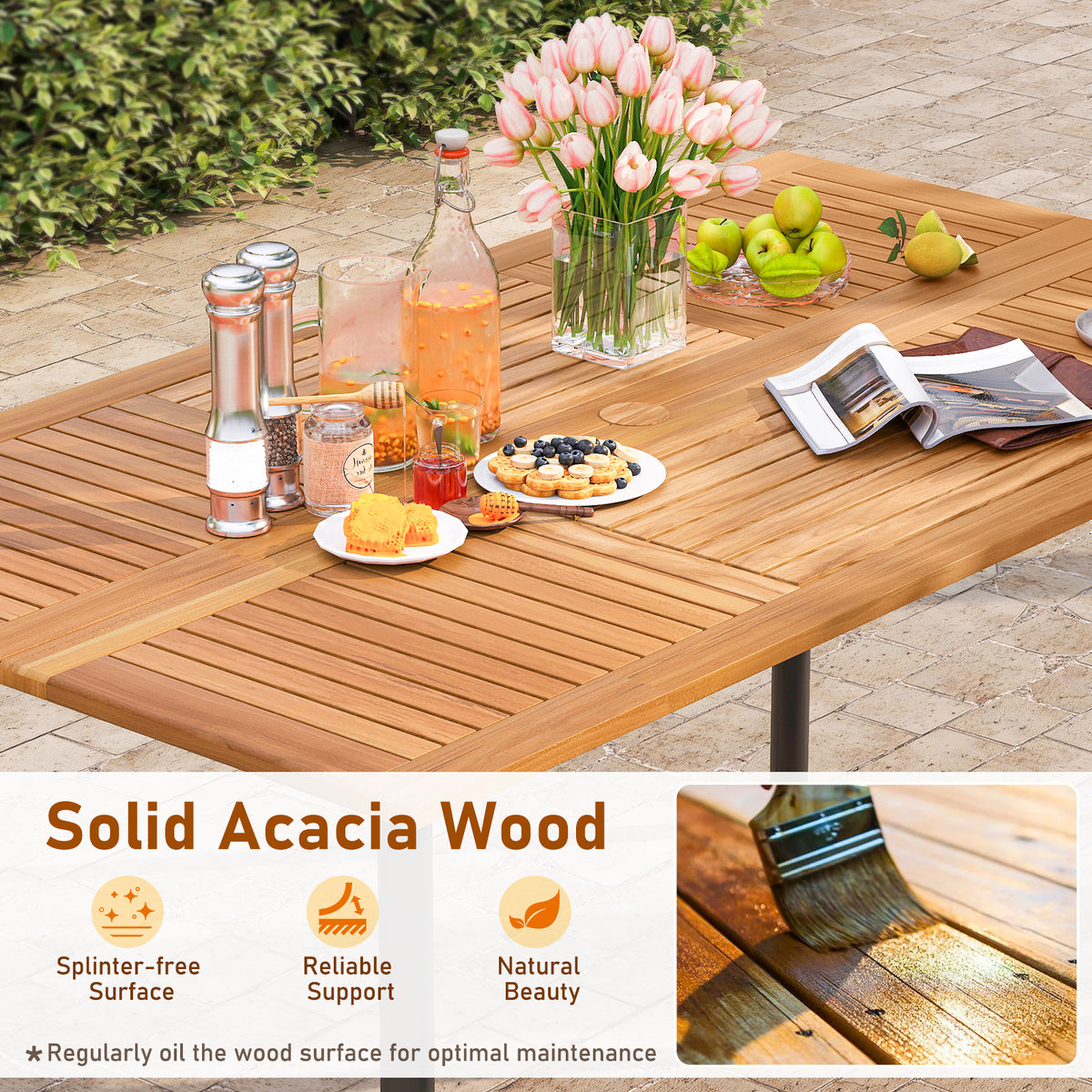 7 Pieces Outdoor Dining Set Acacia Wood Table with Umbrella Hole and Cushions-Turquoise-Patio Dining Sets-DECOROLALA