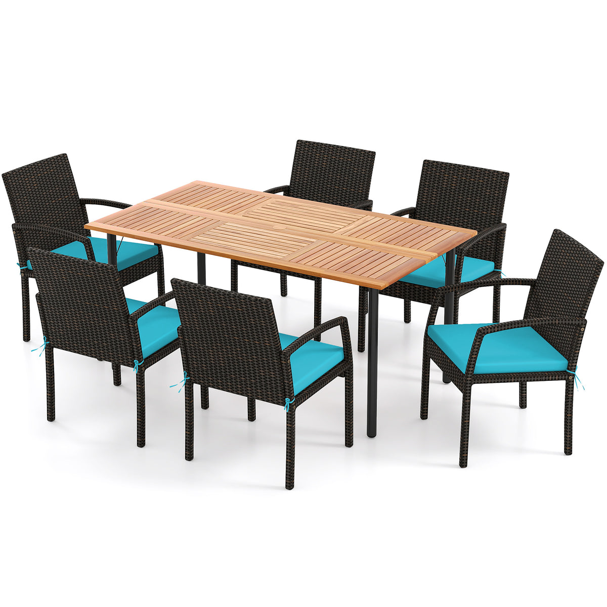 7 Pieces Outdoor Dining Set Acacia Wood Table with Umbrella Hole and Cushions-Turquoise-Patio Dining Sets-DECOROLALA