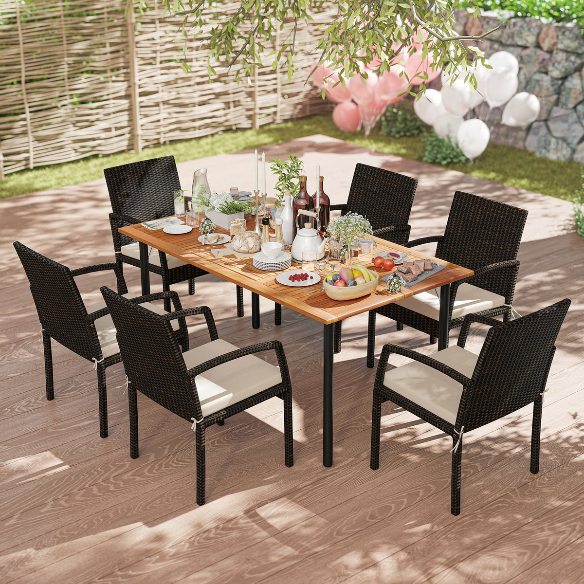 7 Pieces Outdoor Dining Set Acacia Wood Table with Umbrella Hole and Cushions-White-Patio Dining Sets-DECOROLALA