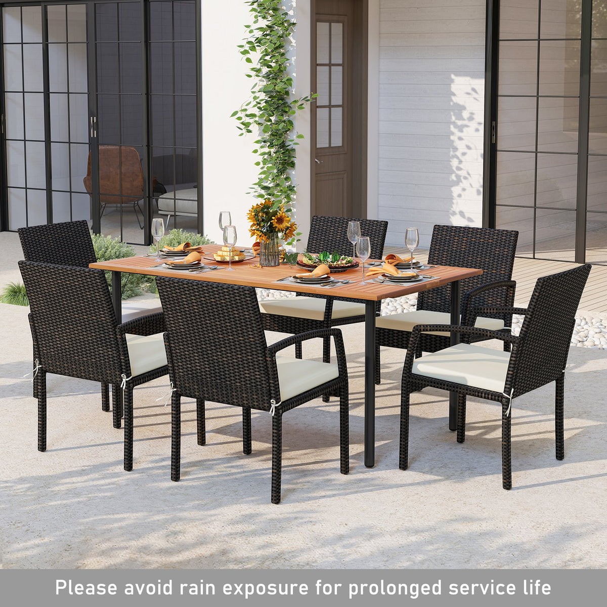 7 Pieces Outdoor Dining Set Acacia Wood Table with Umbrella Hole and Cushions-White-Patio Dining Sets-DECOROLALA