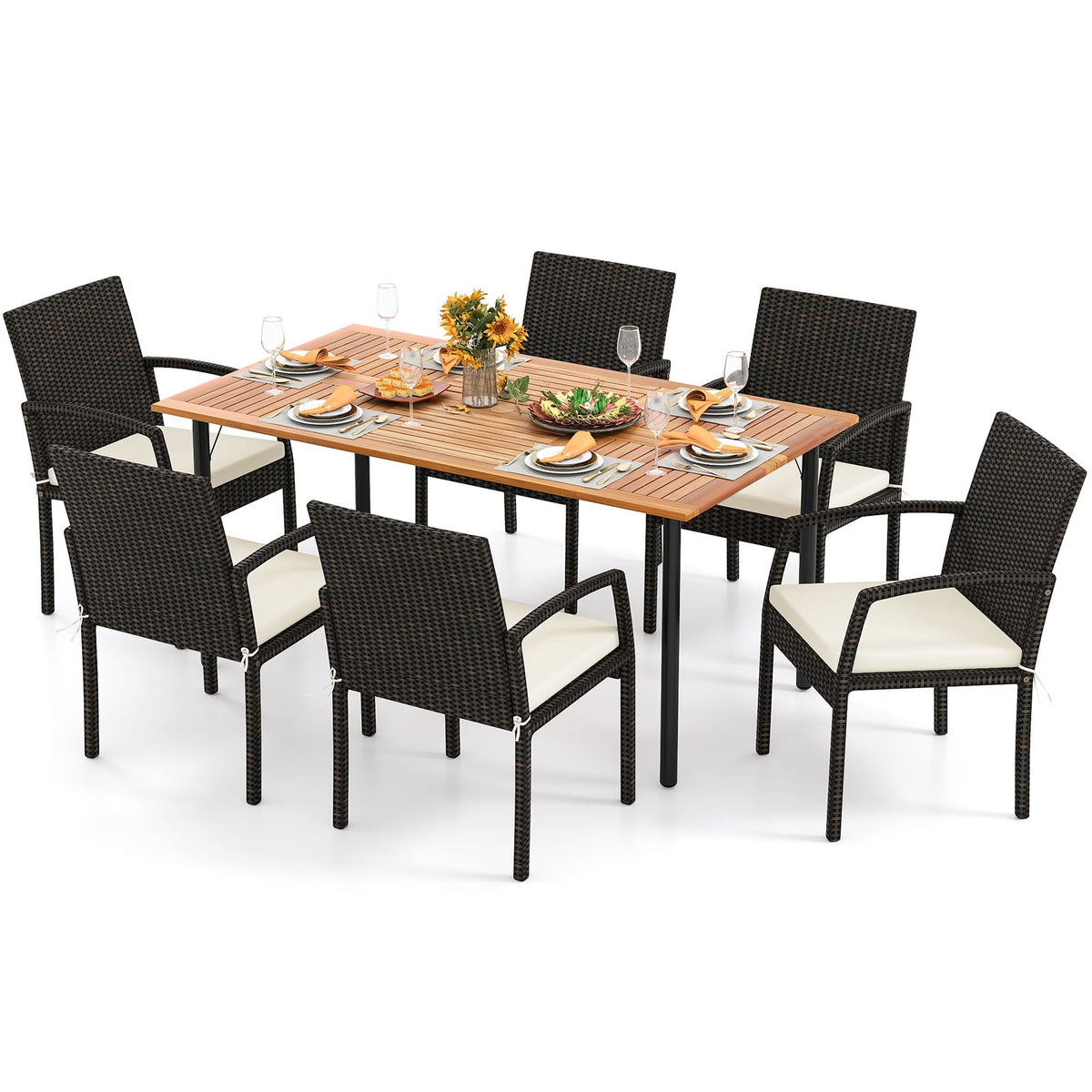 7 Pieces Outdoor Dining Set Acacia Wood Table with Umbrella Hole and Cushions-White-Patio Dining Sets-DECOROLALA