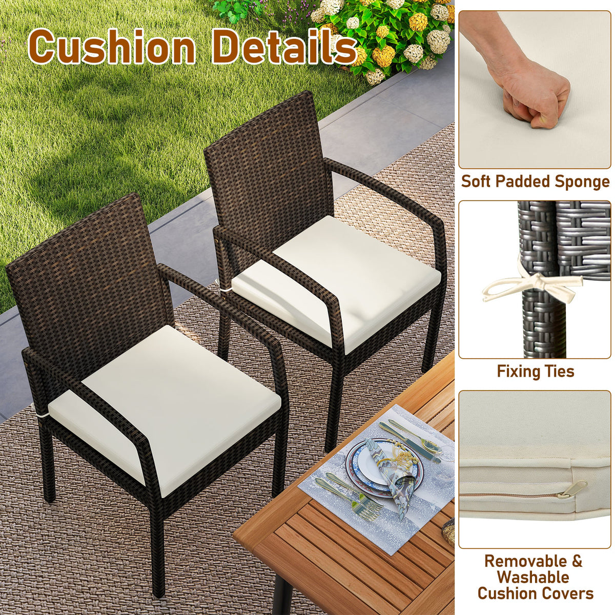 7 Pieces Outdoor Dining Set Acacia Wood Table with Umbrella Hole and Cushions-White-Patio Dining Sets-DECOROLALA