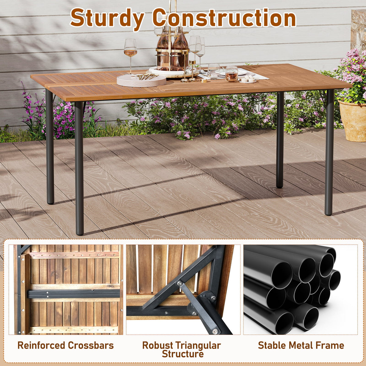 7 Pieces Outdoor Dining Set Acacia Wood Table with Umbrella Hole and Cushions-White-Patio Dining Sets-DECOROLALA