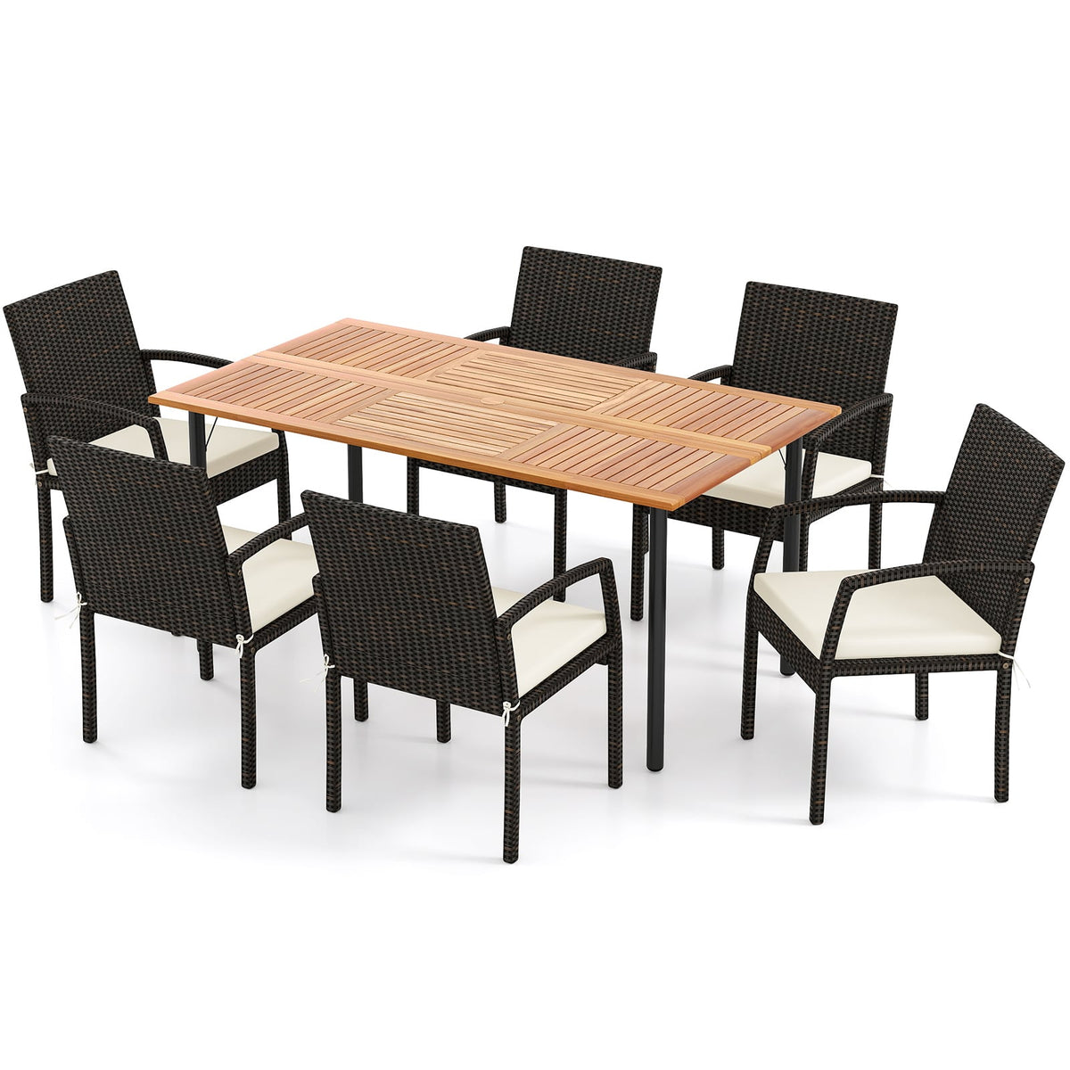 7 Pieces Outdoor Dining Set Acacia Wood Table with Umbrella Hole and Cushions-White-Patio Dining Sets-DECOROLALA