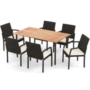 7 Pieces Outdoor Dining Set Acacia Wood Table with Umbrella Hole and Cushions-White-Patio Dining Sets-DECOROLALA
