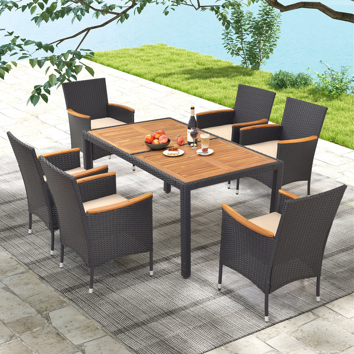 7 Pieces Outdoor Dining Set with Umbrella Hole for Backyard-Patio Dining Sets-DECOROLALA