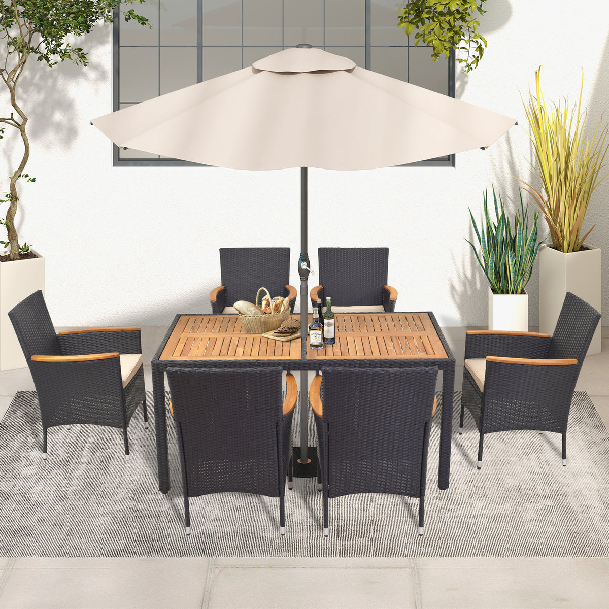 7 Pieces Outdoor Dining Set with Umbrella Hole for Backyard-Patio Dining Sets-DECOROLALA